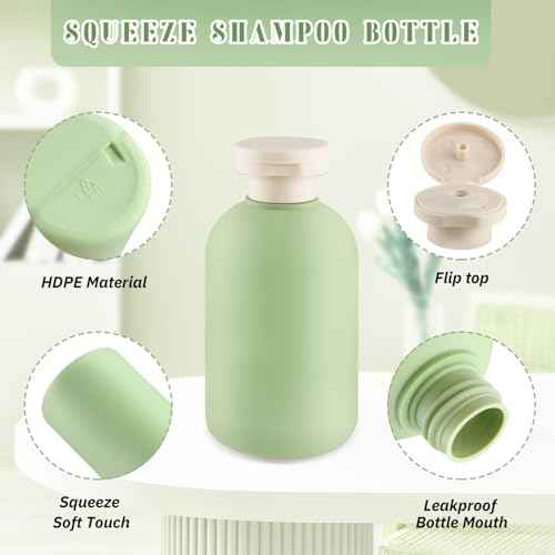 9 Pcs 6.8 oz Plastic Squeeze Bottles with Flip Cap,Empty Refillable Travel Shampoo Bottle Containers for Creams, Lotion,Body Wash, Conditioner,Silicone Funnel Included-Green