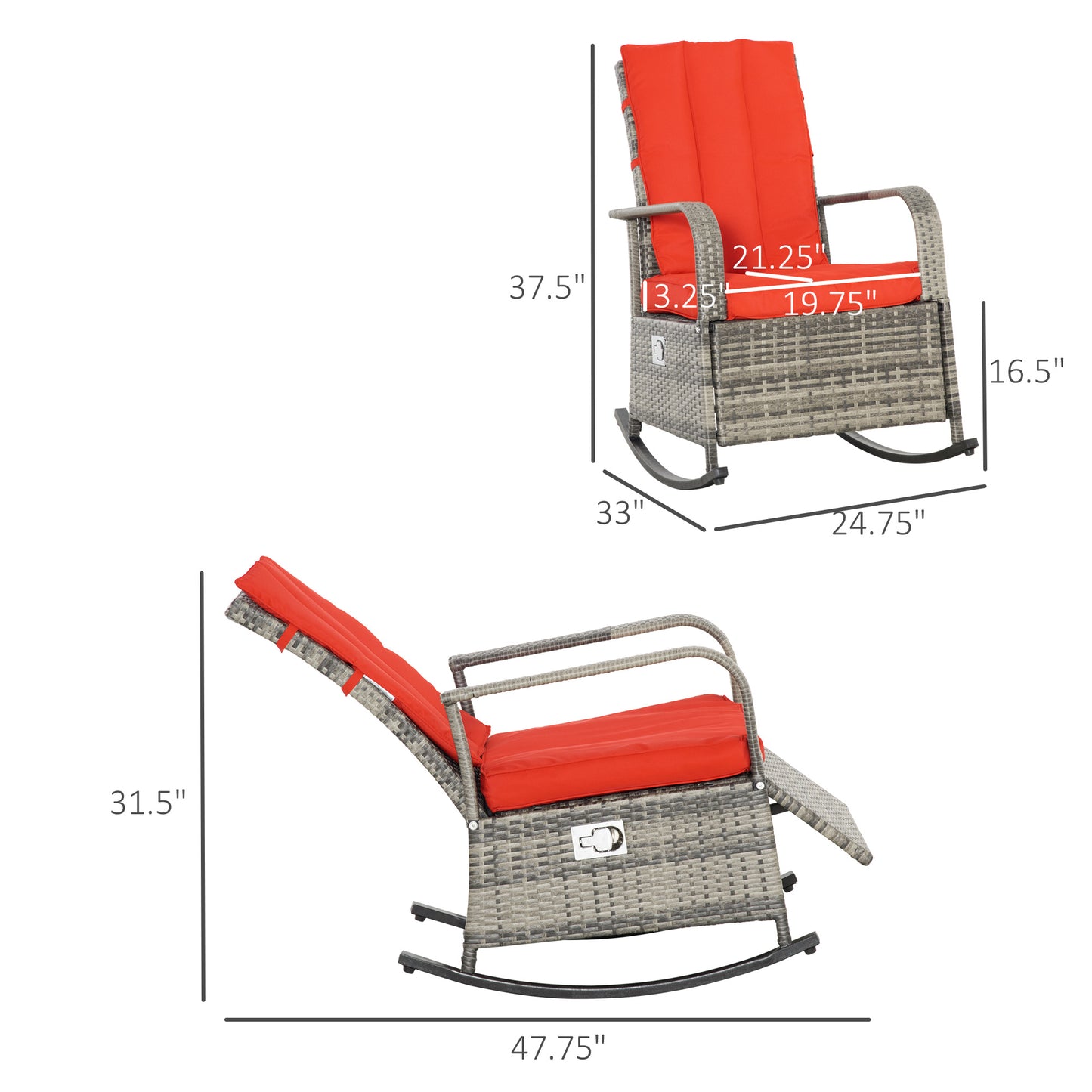 PE Rattan Outdoor Rocking Recliner with Footrest - Red