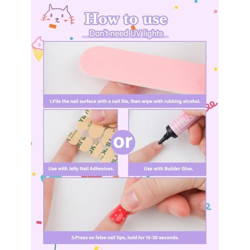 130PCS Kids Press on Nails, TOROKOM Fake Nails Set Short Square Glue on Nails for Girls Gift 8-12 Age, Heart Flower Butterfly Stick on Nails for Kids with Jelly Nail Adhesives & Glue