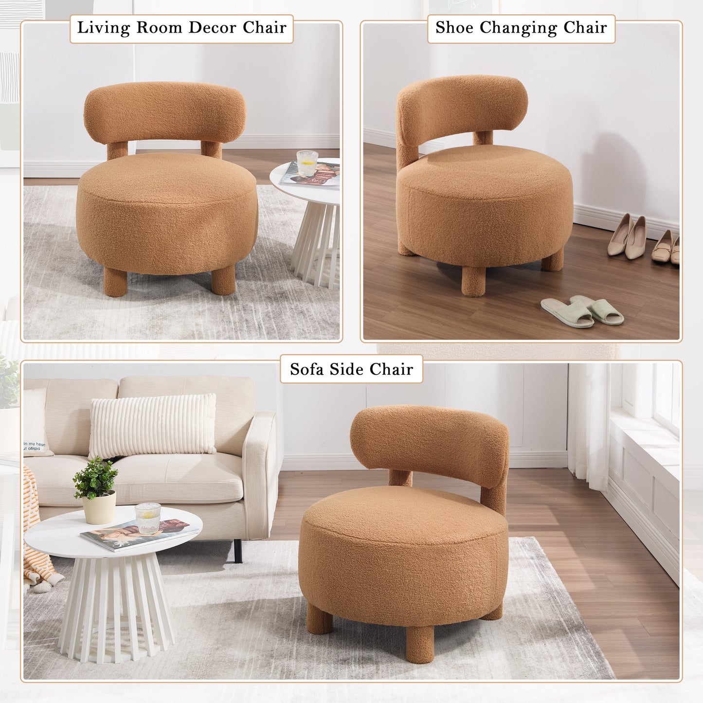Teddy Fabric Armless Accent Chair with Curved Backrest - Khaki
