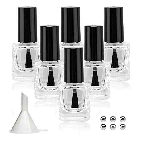 6PCS Empty Nail Polish Bottles with Funnel, Empty Fingernail Polish Bottles Glass Rectangle with Brush & Mixing Balls Black (5ML)