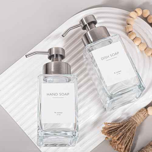 Foaming Soap Dispenser with Stainless Steel Pump, 12oz Refillable Glass Liquid Dish Soap Bottles for Bathroom, Kitchen Sink, Home Decor