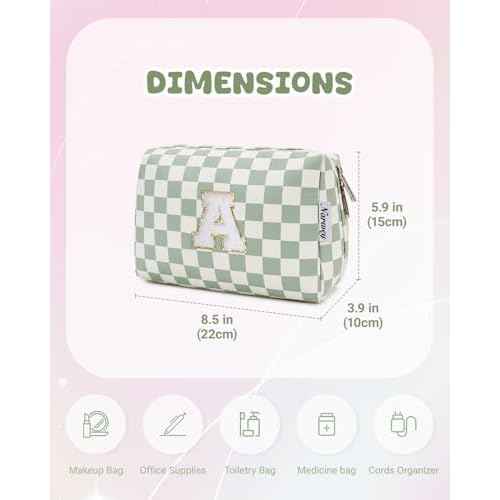 Narwey Initial Makeup Bag for Teen Girls Kids Trendy Stuff 6 8 10 11 12 13 14 16 18 Years Old, Personalized Monogram Cosmetic Toiletry Bag, Birthday Gifts for Women Tween (Green A)