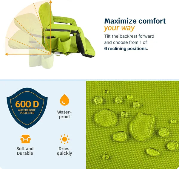 Heated Reclining Stadium Seat with Back Support - Lime, 25" Width
