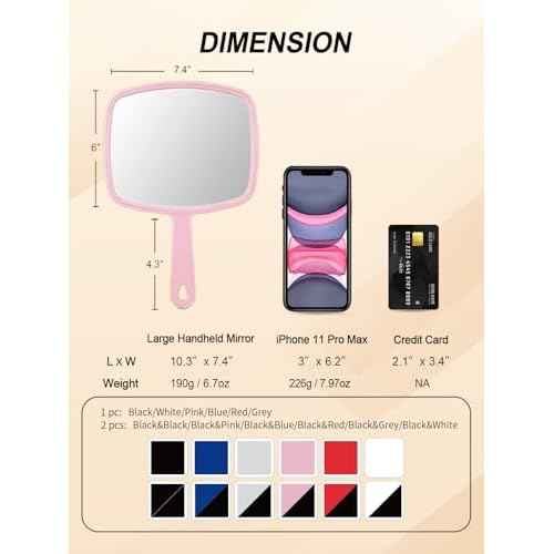 Hand Mirror Salon Barber Hairdressing Handheld Mirror with Handle (Square Pink 7.4 x 10.3 inches)