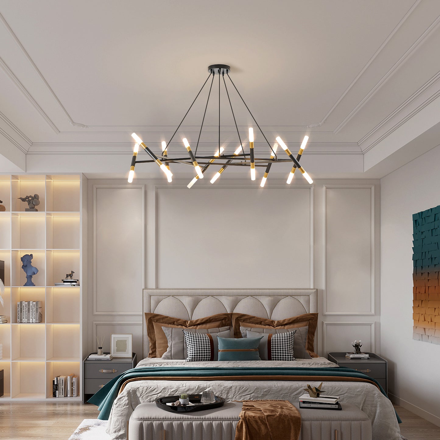 Modern Black & Gold Chandelier Light Fixture - Adjustable Pendant