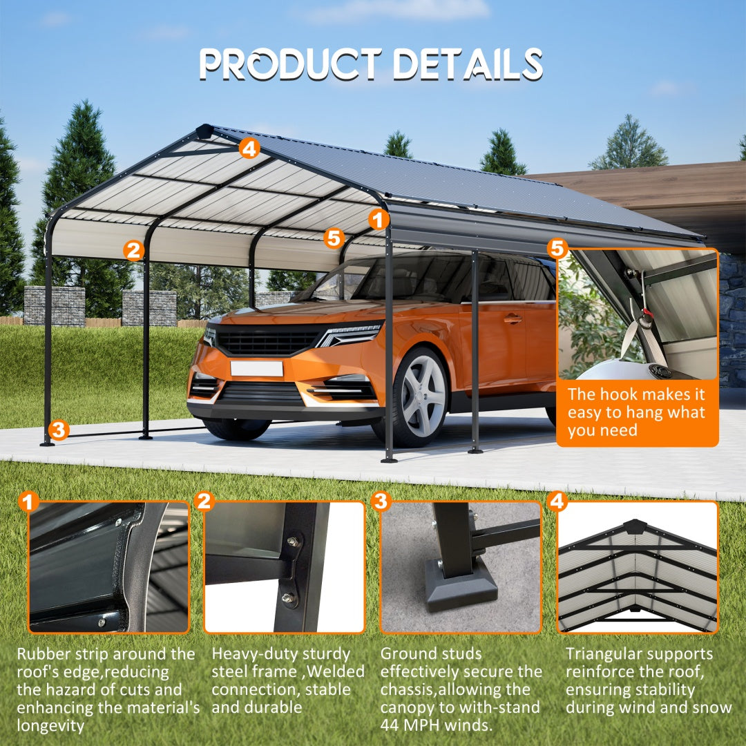Heavy Duty Galvanized Steel Carport Canopy with Waterproof Roof - Large Capacity Shelter