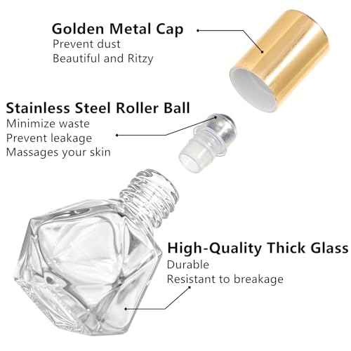 36 Pack Essential Oil Roller Bottles, 8ml/0.27oz Empty Roll On Bottle, Glass Polygonal Roller Ball Applicator, Perfume Vials with Stainless Steel Roller Ball for Travel, 4 Dropper, 2 Funnel