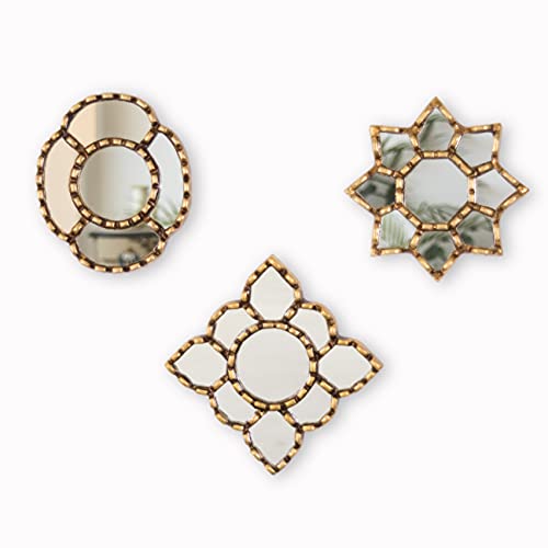 Small Gold Accent Wall Mirror set of 3 - Decorative Vintage mirrors of 6" for wall, Peruvian Mirrors Vanity with gold leaf 'Cuzco Radiance'