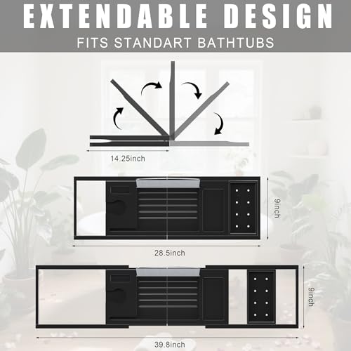 Foldable Bathtub Caddy Tray for Tub,Bamboo Expandable Bath Table Trays,Premium Bathroom Accessories for New Home & Mothers Day & Birthday Gifts for Couples,Black