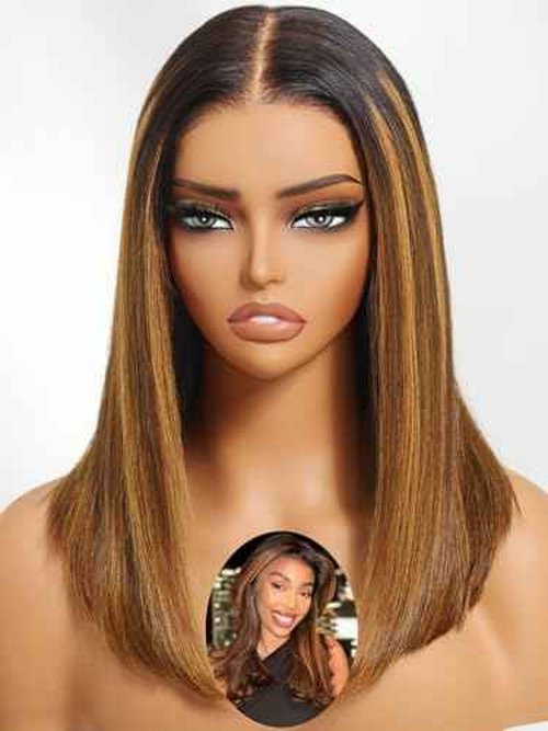 Julia Hair 12 Inch Brown Piano Highlight Blunt Bob Wig With Dark Roots Put on and Go Silky Straight Bob Wigs 7x5 HD Bye Bye Knots Lace Invisible Knots Short Wig Pre Plucked Pre Cut Natural Looking