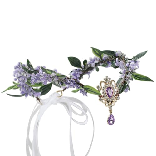 Bubbmi Fairy Costume Floral Headband, V-shape Woodland Elf Purple Flower Headpiece with Pendant for Women (ZM01PURPLE)