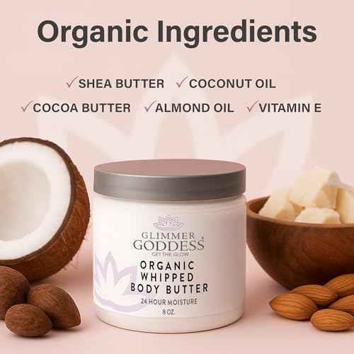 Glimmer Goddess Organic Whipped Body Butter for Women - Moisturizer Cream with Shea & Cocoa Butter, Almonds & Coconut Oil - Jasmine, 8oz