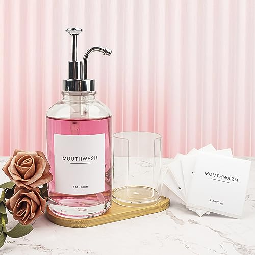 17OZ Mouthwash Clear Glass Pump Dispenser with Disposable Mouthwash Cups Holder Refillable Clear Container with Bamboo Tray, Mouthwash Labels