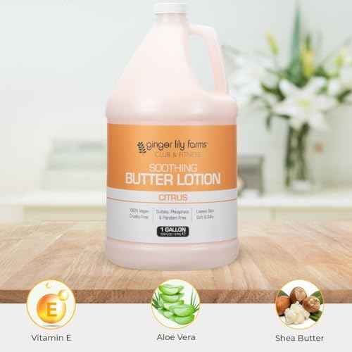 Ginger Lily Farms Club & Fitness Soothing Butter Lotion for Dry Skin, 100% Vegan & Cruelty-Free, Citrus Scent, 1 Gallon (128 fl oz) Refill