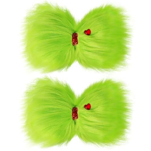 Vloso 2 Pcs Christmas Hair Bow for Girls,6 Inch Green Furry Hair Bow Clips with Red Heart,Christmas Decorations Costume Accessories Women Girls