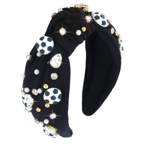 YARIEW Jeweled Knotted Headband - Wide Top Knot Headband for Girls, Sports Fan Mom, Game Day Accessories, Christmas Gifts (Black)