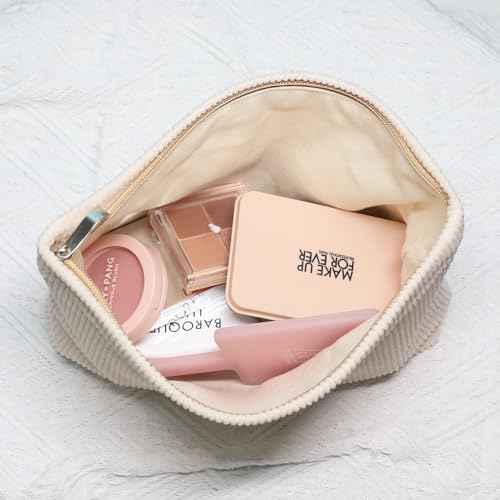 Wudygirl Travel Makeup Bag,Large Capacity Cosmetic Bag for Women,Corduroy Toiletry bag Handbags Purses Zipper pouch(Beige)
