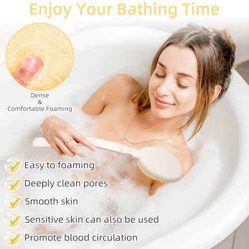 LFJ 19" Long Handle Shower Sponge Brush Set, 3 in 1 Body Brush, Bath Sponge and Lotion Applicator Improved Skin Health, Suitable for Men and Women (White Brush-1P)