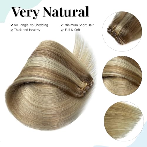 Human Hair Weft Blonde Hair Extensions Real Human Hair Weft Highlights Human Hair Extensions Sew in Brown Mix Ash Blonde Ombre Weft Hair Extensions Human Hair Straight 120g 22inch