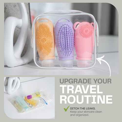 Sumina Premium Silicone Travel Bottles 3-Pack (3.4oz) | TSA Approved Leakproof Toiletry Containers | Refillable Shower Bottles & Gentle Exfoliating Scrubber for Sensitive Skin