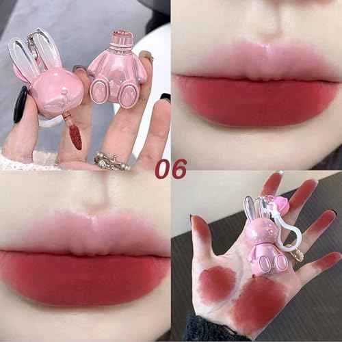 3 Colors Red Pink Brown Cute Bunny Lip Gloss Set,2 IN 1 Liquid Velvet Matte Keychain Lipstick Long Lasting Waterproof Lipstick for Women Girls