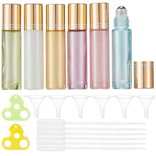 Qeuly 10ml Roll on Bottles - 6 Color Essential Oils Bottles, Thick Glass with Stainless Steel Roller Balls, Empty for Aromatherapy, Perfumes and Lip Balms