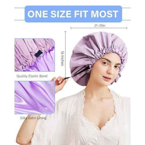 Aquior Shower Cap,Extra Adjustable Shower Caps for Women Double-Layer Waterproof Reusable Hair Cap, Large Size Hair Cap for All Hair,for Girls Spa Bath,Soft and Comfortable (Purple)
