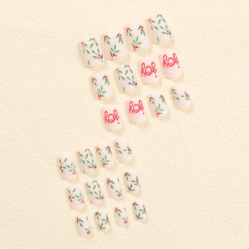 24Pcs Christmas Press on Nails Short Square Fake Nails Red False Nails Press Ons With Christmas Fruit Letter Printing Design Nail Stick on Nails Acrylic Manicure Kit Nail for Women Decor