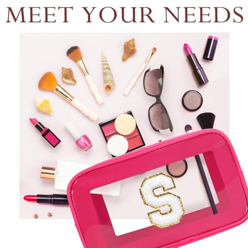 Gloppie Initial Clear Makeup Bag - Preppy Cosmetic Travel Toiletry Bag With Chenille Letter S - Gift for Women