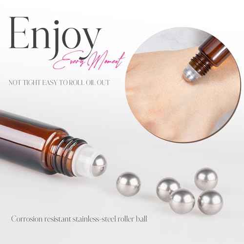 ZEJIA 10ml Roller Bottles for Essential Oils, 6 Pack Glass Roll on Bottles, Refillable Perfume Bottle, with Stainless Steel Roller Balls, 2 Droppers, 1 Opener, Labels(Amber)