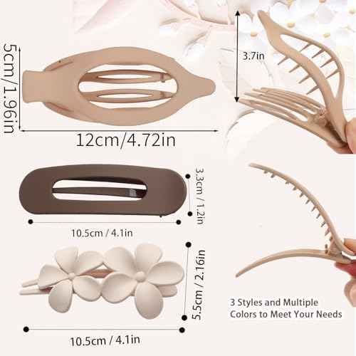 12 Pieces Flat Hair Clips, Flymind Flat Claw Clip for Women Girls, 3 Styles Matte Non-Slip Flower Claw Clips for Thin Thick Hair Wedding Party Accessories(Neutral)