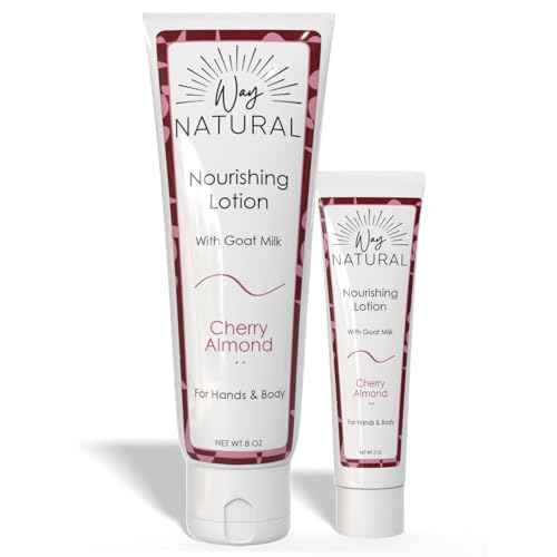 Nourishing Goat Milk Lotion, Cherry Almond - Home & Away Set, Natural Hand & Body Cherry Almond Lotion for Dry Skin - Goat Milk Hand Cream for Women & Men - 8oz & 2oz Travel Size Tube