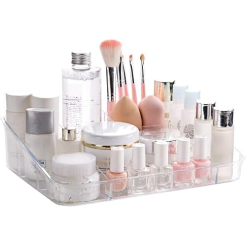SUNFICON Makeup Tray Organizer Cosmetic Display Case Office Stationery Storage Holder Countertop Storage Unit Makeup Box for Bathroom Drawers,Vanities Office Desk,Washable Crystal Clear Acrylic