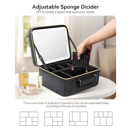JUSRON Travel Makeup Bag With LED Mirror,Train Case with Light up Mirror, Portable Makeup Artist Organizer Bag with Adjustable Dividers (Black, Large)