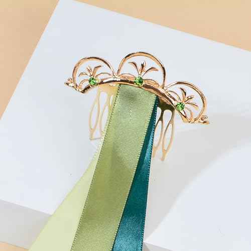 DDazzling Princess Rhinestone Gold Hair Comb with Satin Ribbons Halloween Birthday Accessories for Women Girls, 3 Colors (Green Gold)