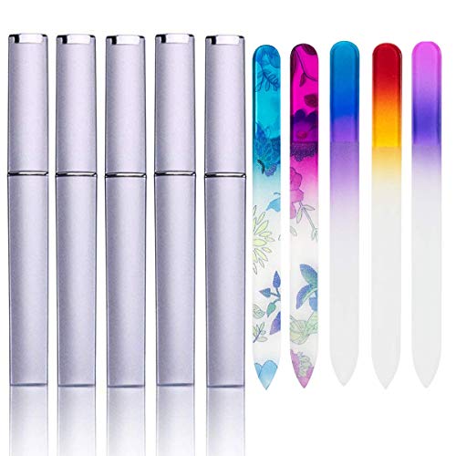 5 Pack Glass Nail Files with Case Crystal Glass Fingernail Files Double Sided Glass Nail File Mixed Color Manicure Set for Gentle Nail Care Christmas Gifts Stocking Stuffers for Women