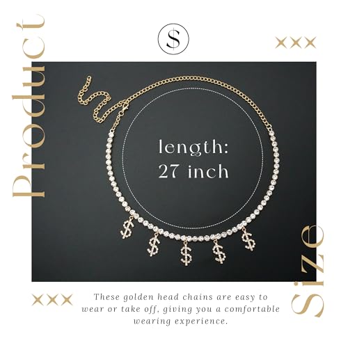 Gold Headpiece Dollar Sign Head Chain Bling Money Dangle Rhinestone Head Jewelry Sparkly Prom Party Hair Accessories for Women Girls
