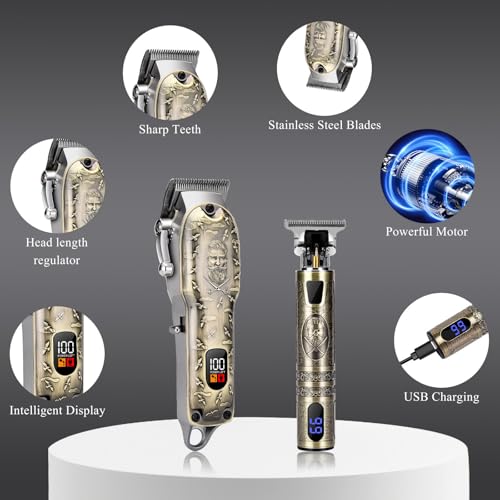 Professional Hair Clipper Set, Digital Display Trimmer Kit with Accessories, Barber Case and Cape, Vintage Design