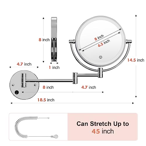 FASCINATE Upgraded Wall Mounted Makeup Mirror with Lights, Super Large Double Sided 1X/10X Magnifying Mirror for Bathroom, 360¡Æ Swivel Extendable Plug Touch Sensor Vanity Mirror