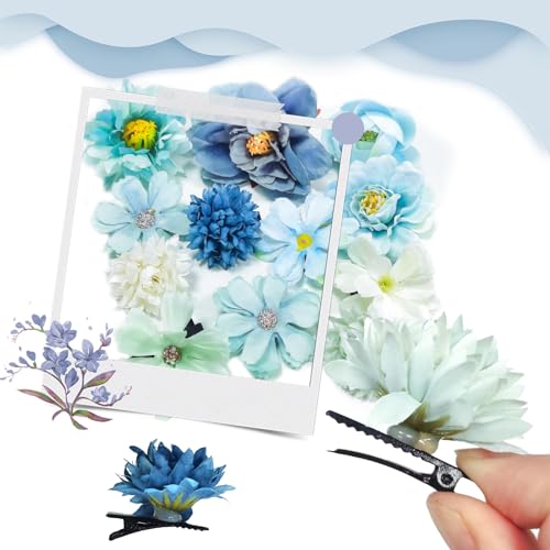 Hair Clip Decorations, 12Pcs Silk Flower Hair Clips, Misty Blue, for Women's Hair Decorative, Beach Party, Wedding, Daily Use