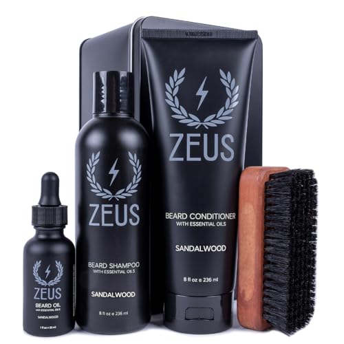 ZEUS Deluxe Men¡¯s Beard Care Gift Set ? Luxury Holiday Grooming Kit with Wash, Oil & Brush, Perfect Present for Husband, Dad or Boyfriend (Sandalwood)