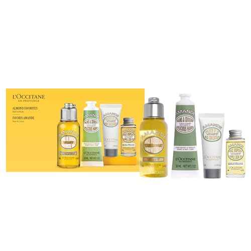 L'OCCITANE Almond Favorites Set: Cleansing Shower & Supple Skin Oils, Hand Cream & Moisturizer, Travel Size Skincare Essentials, Bath & Body Gift Set