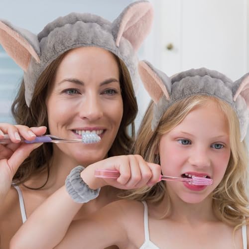 Cat Ears Headband, 3PCS Cute Spa Headbands and Wristband Set, Animal Ears Headbands for Washing Face Soft Elastic Skincare Headband Makeup Facial Hairband for Women Girls, Grey