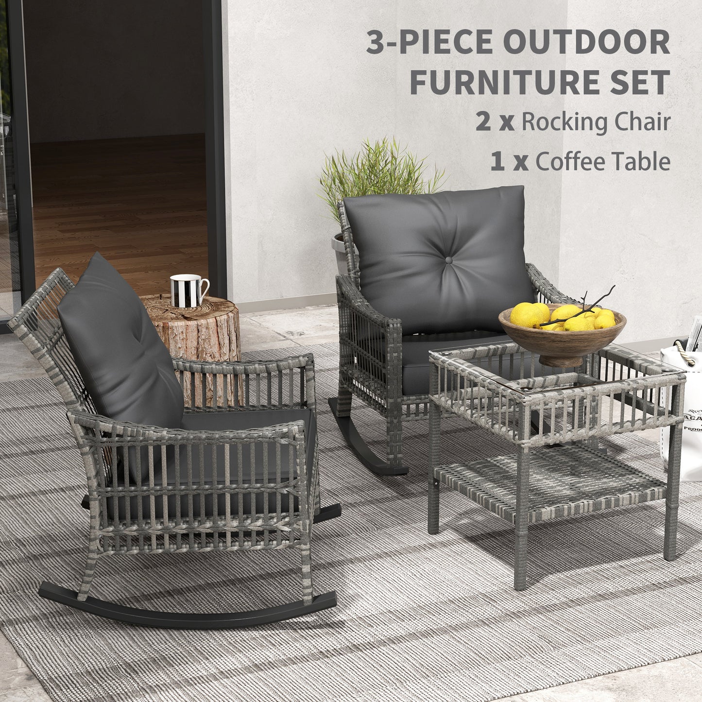 3-Piece Outdoor Rattan Rocker Chair Set with Glass Table - Gray