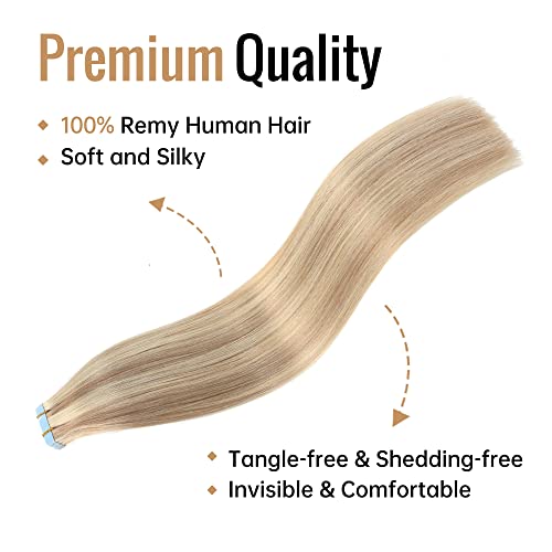 JESSBO Tape in Hair Extensions Human Hair Ash Blonde Highlighted Bleach Blonde 24 inch 20pcs 50g/pack Straight Seamless Skin Weft 100% Real Human Hair (24 Inch #P18/613)