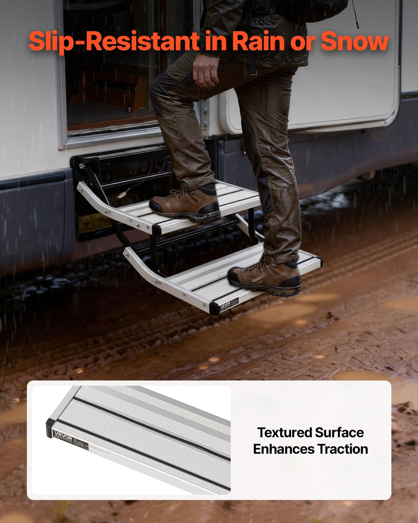 Electric RV Steps - 2-Step Aluminum Folding Camper Stair with Non-Slip Treads
