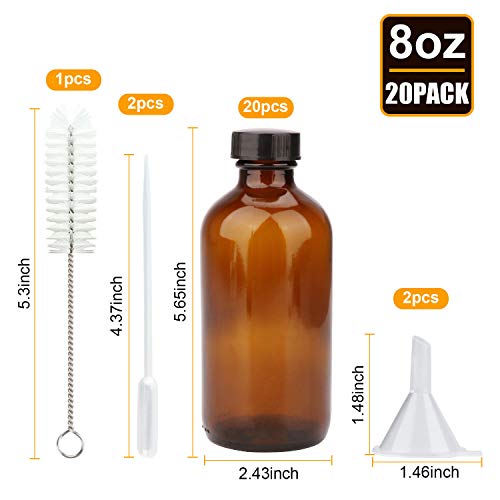 8oz Durable Glass Bottle, Reusable Glass Bottles with Airtight Lid for Shampoo, Conditioner, Essential Oils, Set of 20 (Brown)