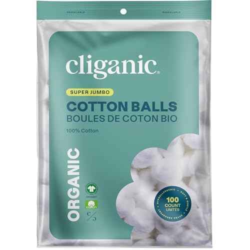 Cliganic Organic Super Jumbo Cotton Balls (100 Count) - Hypoallergenic, Absorbent, Large Size, 100% Pure (Packaging May Vary)