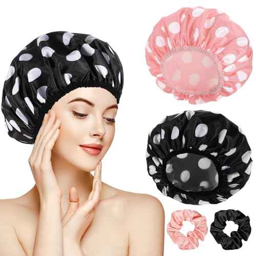WSICSE 2 Packs Large Shower Caps for Women, Waterproof Shower Cap Double Layers Bath Caps with Hair Scrunchies for Long Thick Hair